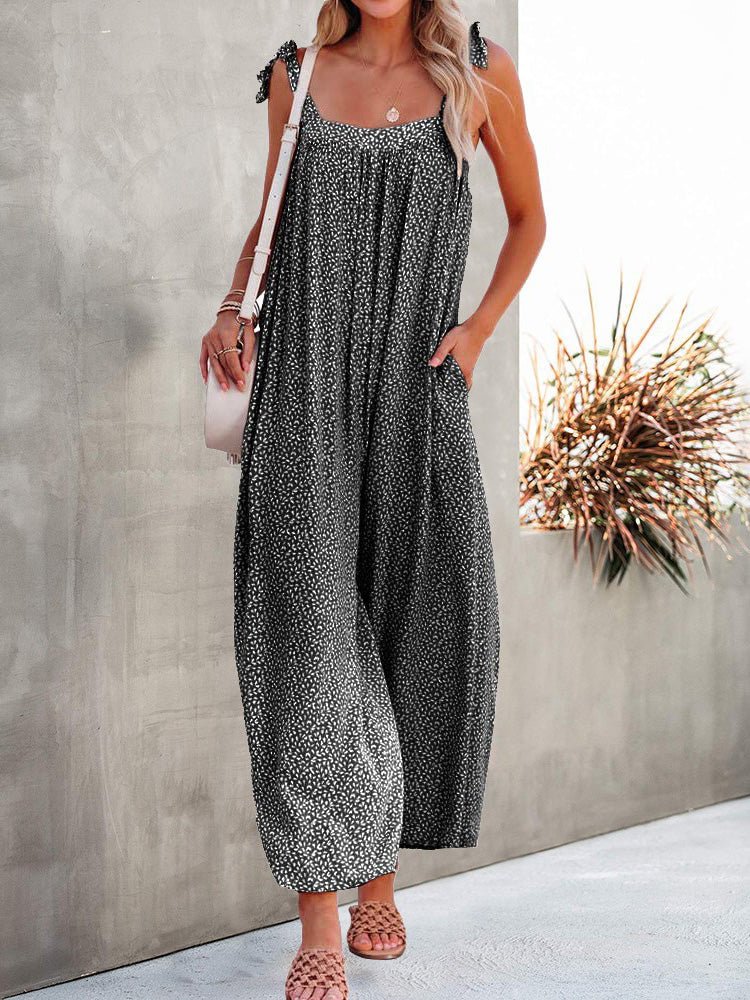 Women's Jumpsuits Loose Print Lace-Up Sleeveless Wide-Leg Jumpsuit - Jumpsuits - Instastyled | Online Fashion Free Shipping Clothing, Dresses, Tops, Shoes - 26/07/2022 - Bottoms - Color_Black