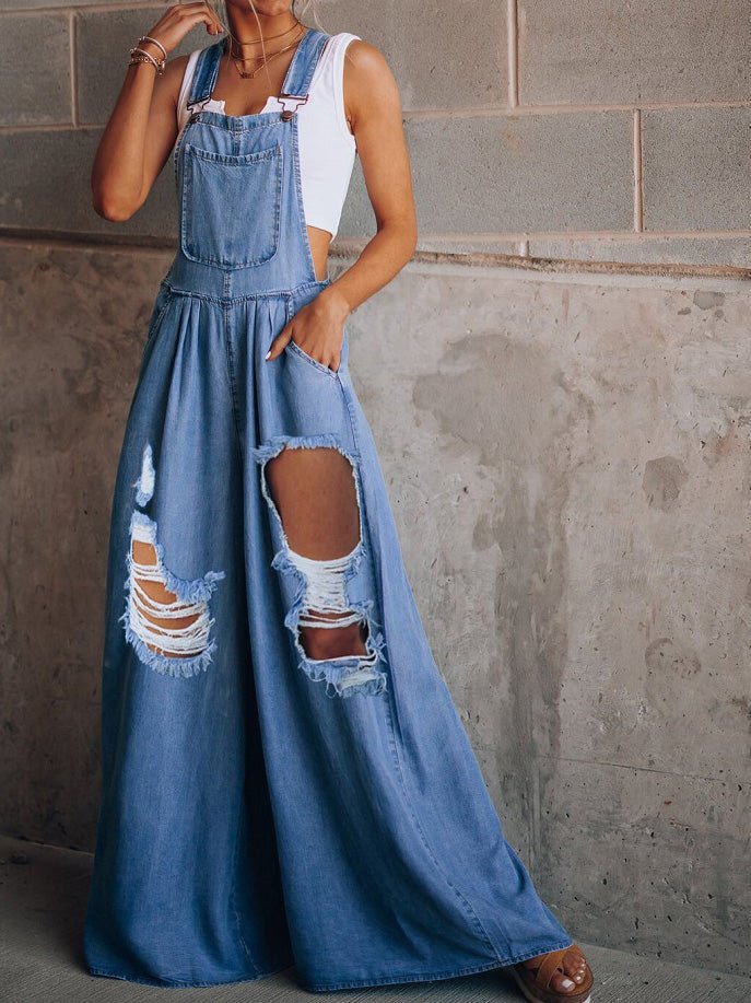 Women's Jumpsuits Loose Shredded Pocket Denim Jumpsuit - Jumpsuits - Instastyled | Online Fashion Free Shipping Clothing, Dresses, Tops, Shoes - 25/05/2022 - Bottoms - color-blue