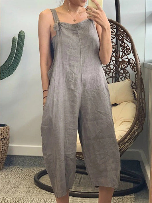 Women's Jumpsuits Loose Solid Cotton Linen Bib Jumpsuit