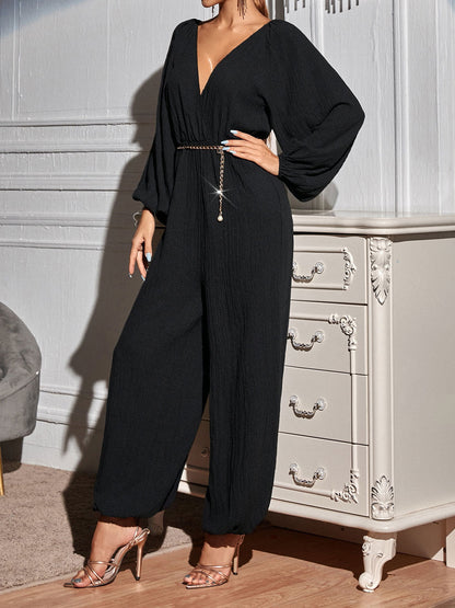 Women's Jumpsuits Loose V-Neck Bare Back Long Sleeve Jumpsuit - Jumpsuits - Instastyled | Online Fashion Free Shipping Clothing, Dresses, Tops, Shoes - 26/08/2022 - bottoms - color-black