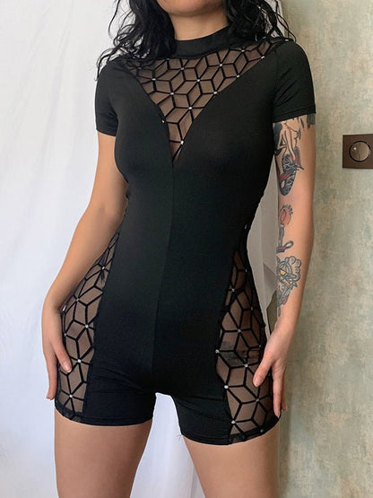 Women's Jumpsuits Mesh Panel Short Sleeve Slim Fit Jumpsuit - Jumpsuits - Instastyled | Online Fashion Free Shipping Clothing, Dresses, Tops, Shoes - 26/04/2022 - Bottoms - Color_Black