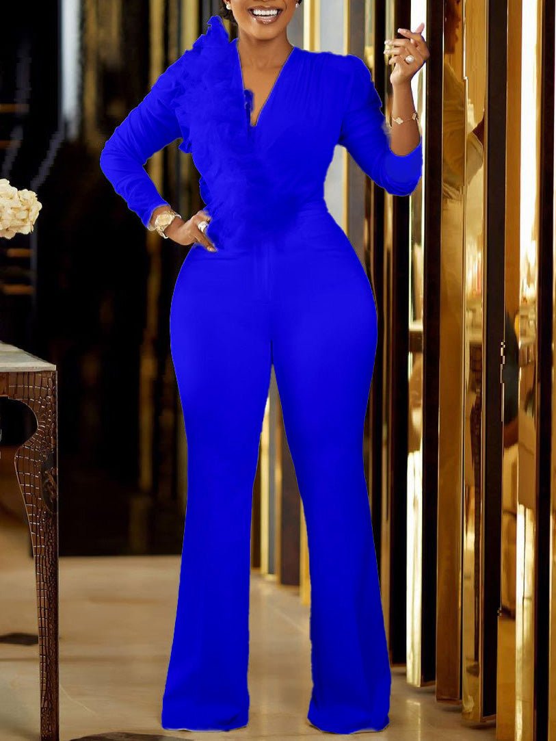 Women's Jumpsuits Mesh Panel V-Neck Long Sleeve Jumpsuit - Jumpsuits - Instastyled | Online Fashion Free Shipping Clothing, Dresses, Tops, Shoes - 09/09/2022 - bottoms - color-blue