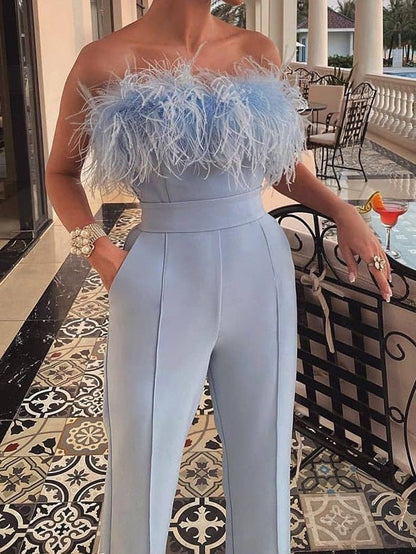 Women's Jumpsuits Off-Shoulder Feather Backless Jumpsuit - Jumpsuits - Instastyled | Online Fashion Free Shipping Clothing, Dresses, Tops, Shoes - 25/07/2022 - bottoms - color-sky_blue