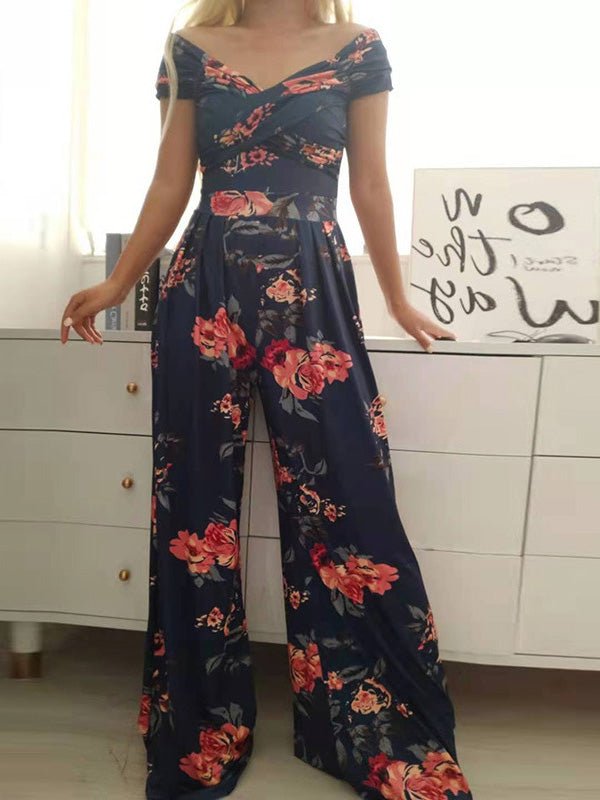 Women's Jumpsuits Off Shoulder Print High Waist Wide Leg Jumpsuit - Jumpsuits - Instastyled | Online Fashion Free Shipping Clothing, Dresses, Tops, Shoes - 20/07/2022 - Bottoms - Color_Blue