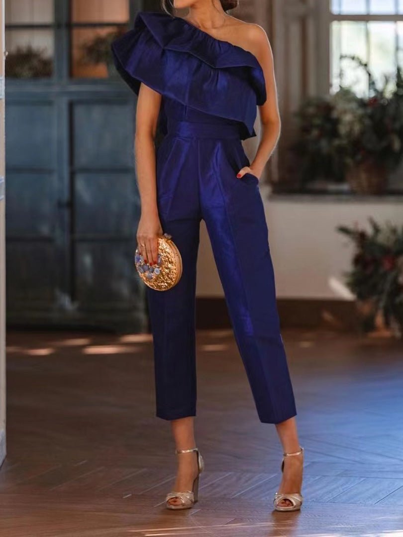 Women's Jumpsuits One-Shoulder Ruffle Pocket Sleeveless Jumpsuit - Jumpsuits - Instastyled | Online Fashion Free Shipping Clothing, Dresses, Tops, Shoes - 05/08/2022 - Bottoms - Color_Blue
