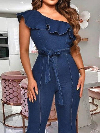 Women's Jumpsuits One Shoulder Ruffle Ties Denim Jumpsuit - Jumpsuits - Instastyled | Online Fashion Free Shipping Clothing, Dresses, Tops, Shoes - 03/08/2022 - Bottoms - Color_Blue