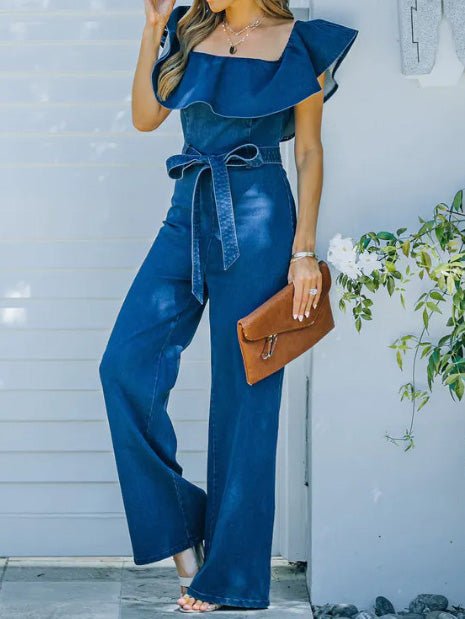 Women's Jumpsuits One-Shoulder Ruffled Belted Jumpsuit - Jumpsuits - Instastyled | Online Fashion Free Shipping Clothing, Dresses, Tops, Shoes - 30/03/2022 - Bottoms - Color_Blue