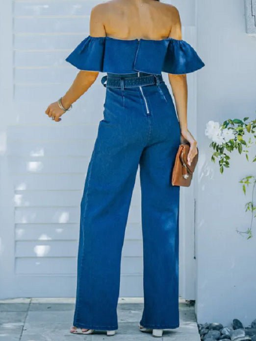 Women's Jumpsuits One-Shoulder Ruffled Belted Jumpsuit - Jumpsuits - Instastyled | Online Fashion Free Shipping Clothing, Dresses, Tops, Shoes - 30/03/2022 - Bottoms - Color_Blue