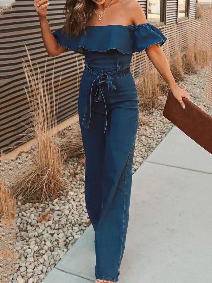 Women's Jumpsuits One-Shoulder Ruffled Belted Jumpsuit - Jumpsuits - Instastyled | Online Fashion Free Shipping Clothing, Dresses, Tops, Shoes - 30/03/2022 - Bottoms - Color_Blue