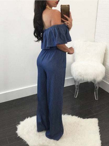 Women's Jumpsuits One-Shoulder Ruffled Lace-Up Denim Jumpsuit - Jumpsuits - Instastyled | Online Fashion Free Shipping Clothing, Dresses, Tops, Shoes - 24/05/2022 - 30-40 - Bottoms