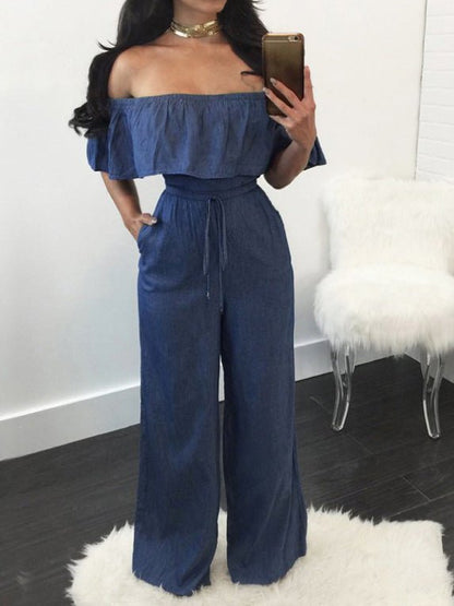 Women's Jumpsuits One-Shoulder Ruffled Lace-Up Denim Jumpsuit - Jumpsuits - Instastyled | Online Fashion Free Shipping Clothing, Dresses, Tops, Shoes - 24/05/2022 - 30-40 - Bottoms