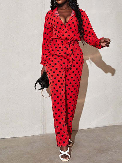 Women's Jumpsuits Polka Dot Print Tie Long Sleeve Jumpsuit - Jumpsuits - Instastyled | Online Fashion Free Shipping Clothing, Dresses, Tops, Shoes - 04/08/2022 - Bottoms - Color_Black