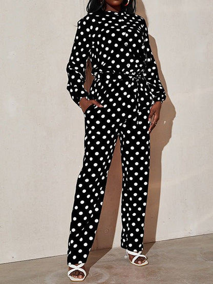 Women's Jumpsuits Polka Dot Print Tie Long Sleeve Jumpsuit - Jumpsuits - Instastyled | Online Fashion Free Shipping Clothing, Dresses, Tops, Shoes - 04/08/2022 - Bottoms - Color_Black