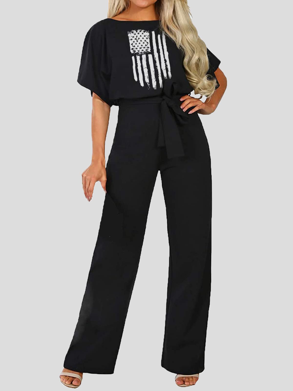 Women's Jumpsuits Printed Belted Short Sleeve Casual Jumpsuit - Jumpsuits - Instastyled | Online Fashion Free Shipping Clothing, Dresses, Tops, Shoes - 21/06/2022 - Bottoms - Color_Black