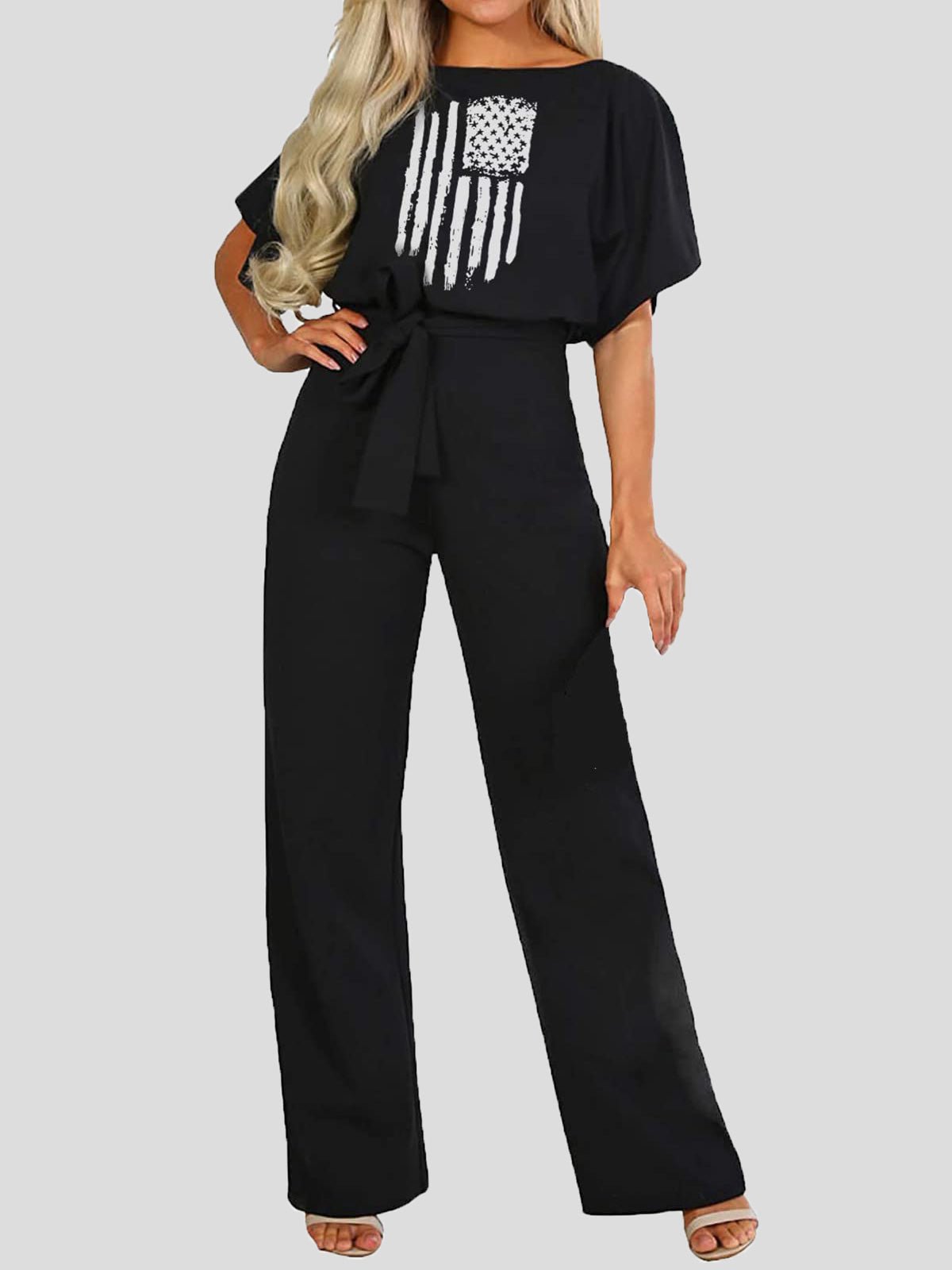 Women's Jumpsuits Printed Belted Short Sleeve Casual Jumpsuit - Jumpsuits - Instastyled | Online Fashion Free Shipping Clothing, Dresses, Tops, Shoes - 21/06/2022 - Bottoms - Color_Black