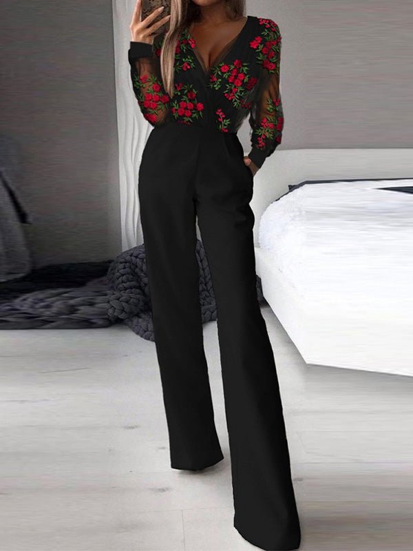 Women's Jumpsuits Printed Mesh V-Neck Long Sleeve Jumpsuit - Jumpsuits - Instastyled | Online Fashion Free Shipping Clothing, Dresses, Tops, Shoes - 30/03/2022 - Bottoms - Color_Black