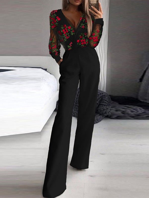 Women's Jumpsuits Printed Mesh V-Neck Long Sleeve Jumpsuit - Jumpsuits - Instastyled | Online Fashion Free Shipping Clothing, Dresses, Tops, Shoes - 30/03/2022 - Bottoms - Color_Black