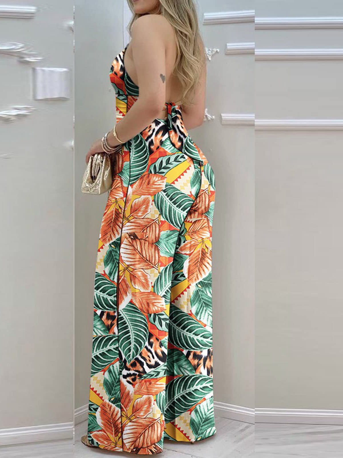 Women's Jumpsuits Printed V-Neck Backless High Waist Slit Jumpsuit - Jumpsuits - Instastyled | Online Fashion Free Shipping Clothing, Dresses, Tops, Shoes - 01/09/2022 - Bottoms - color-yellow