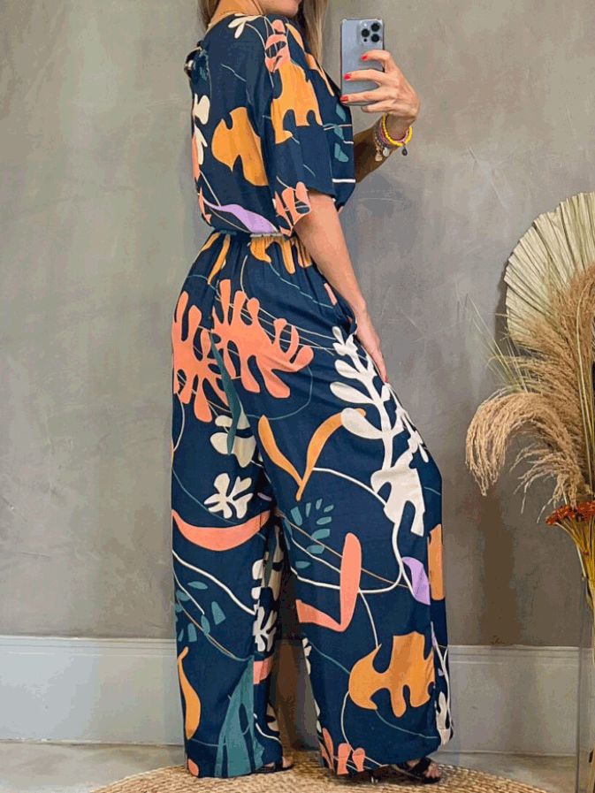 Women's Jumpsuits Printed V-Neck Short Sleeve Drawstring Jumpsuit - Jumpsuits - Instastyled | Online Fashion Free Shipping Clothing, Dresses, Tops, Shoes - 01/06/2022 - 40-50 - Bottoms