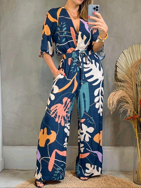 Women's Jumpsuits Printed V-Neck Short Sleeve Drawstring Jumpsuit - Jumpsuits - Instastyled | Online Fashion Free Shipping Clothing, Dresses, Tops, Shoes - 01/06/2022 - 40-50 - Bottoms