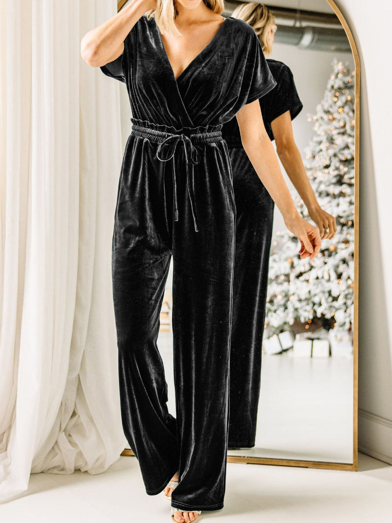Women's Jumpsuits Pure V-Neck Belted Gold Velvet Jumpsuit - Jumpsuits & Rompers - Instastyled | Online Fashion Free Shipping Clothing, Dresses, Tops, Shoes - 07/01/2022 - 40-50 - Bottoms