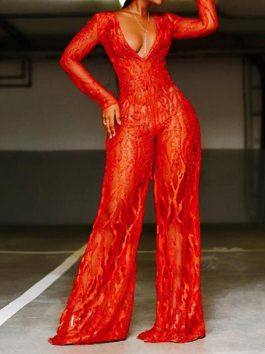 Women's Jumpsuits Sequin Deep V Long Sleeve Wide Leg Jumpsuit - Jumpsuits - Instastyled | Online Fashion Free Shipping Clothing, Dresses, Tops, Shoes - 08/08/2022 - Bottoms - Color_Red