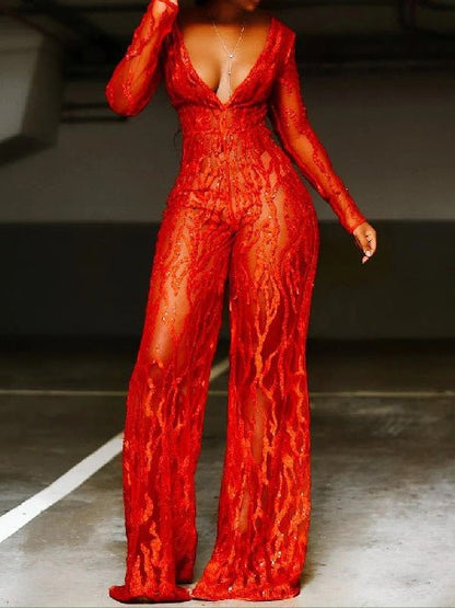 Women's Jumpsuits Sequin Deep V Long Sleeve Wide Leg Jumpsuit - Jumpsuits - Instastyled | Online Fashion Free Shipping Clothing, Dresses, Tops, Shoes - 08/08/2022 - Bottoms - Color_Red