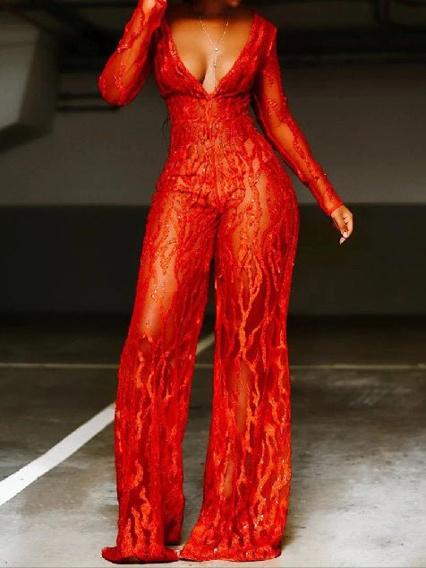 Women's Jumpsuits Sequin Deep V Long Sleeve Wide Leg Jumpsuit - Jumpsuits - Instastyled | Online Fashion Free Shipping Clothing, Dresses, Tops, Shoes - 08/08/2022 - Bottoms - Color_Red