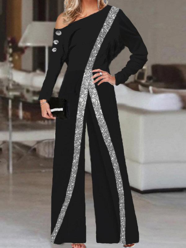 Women's Jumpsuits Sequin Paneling Slanted Shoulder Long Sleeve Wide Leg Jumpsuit - Jumpsuits & Rompers - Instastyled | Online Fashion Free Shipping Clothing, Dresses, Tops, Shoes - 14/12/2021 - 30-40 - Bottoms