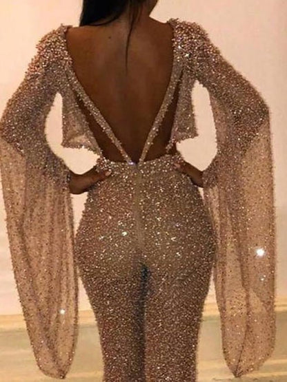 Women's Jumpsuits Shiny Hollow Long Sleeve Open Back Jumpsuit - Jumpsuits - Instastyled | Online Fashion Free Shipping Clothing, Dresses, Tops, Shoes - 15/07/2022 - bottoms - color-gold