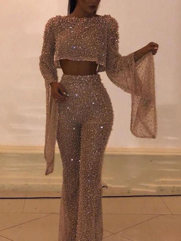 Women's Jumpsuits Shiny Hollow Long Sleeve Open Back Jumpsuit - Jumpsuits - Instastyled | Online Fashion Free Shipping Clothing, Dresses, Tops, Shoes - 15/07/2022 - bottoms - color-gold