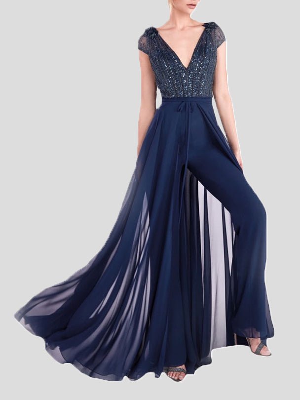 Women's Jumpsuits Shiny V-Neck Fake Two Piece Jumpsuit - Jumpsuits - Instastyled | Online Fashion Free Shipping Clothing, Dresses, Tops, Shoes - 12/05/2022 - Bottoms - Color_Blue