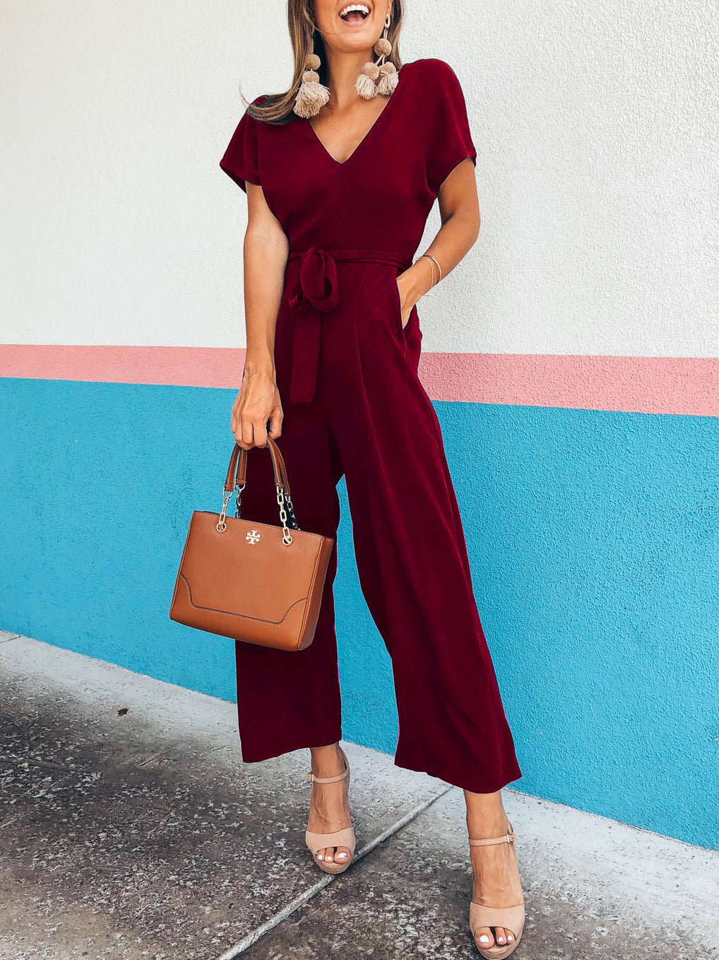 Women's Jumpsuits Short Sleeve V-Neck Belted Pocket Jumpsuit - Jumpsuits - Instastyled | Online Fashion Free Shipping Clothing, Dresses, Tops, Shoes - 10/02/2022 - 30-40 - Bottoms