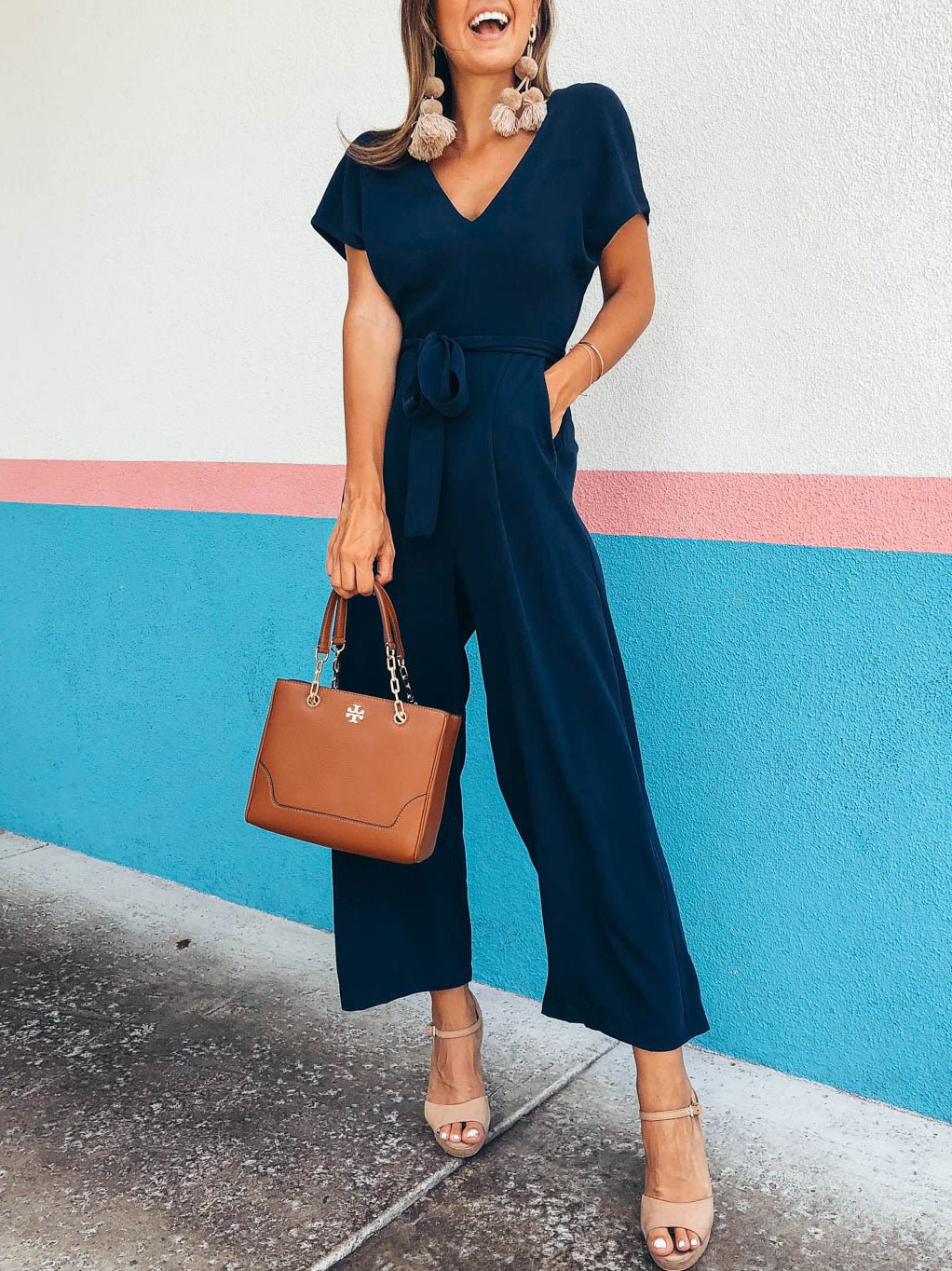 Women's Jumpsuits Short Sleeve V-Neck Belted Pocket Jumpsuit - Jumpsuits - Instastyled | Online Fashion Free Shipping Clothing, Dresses, Tops, Shoes - 10/02/2022 - 30-40 - Bottoms