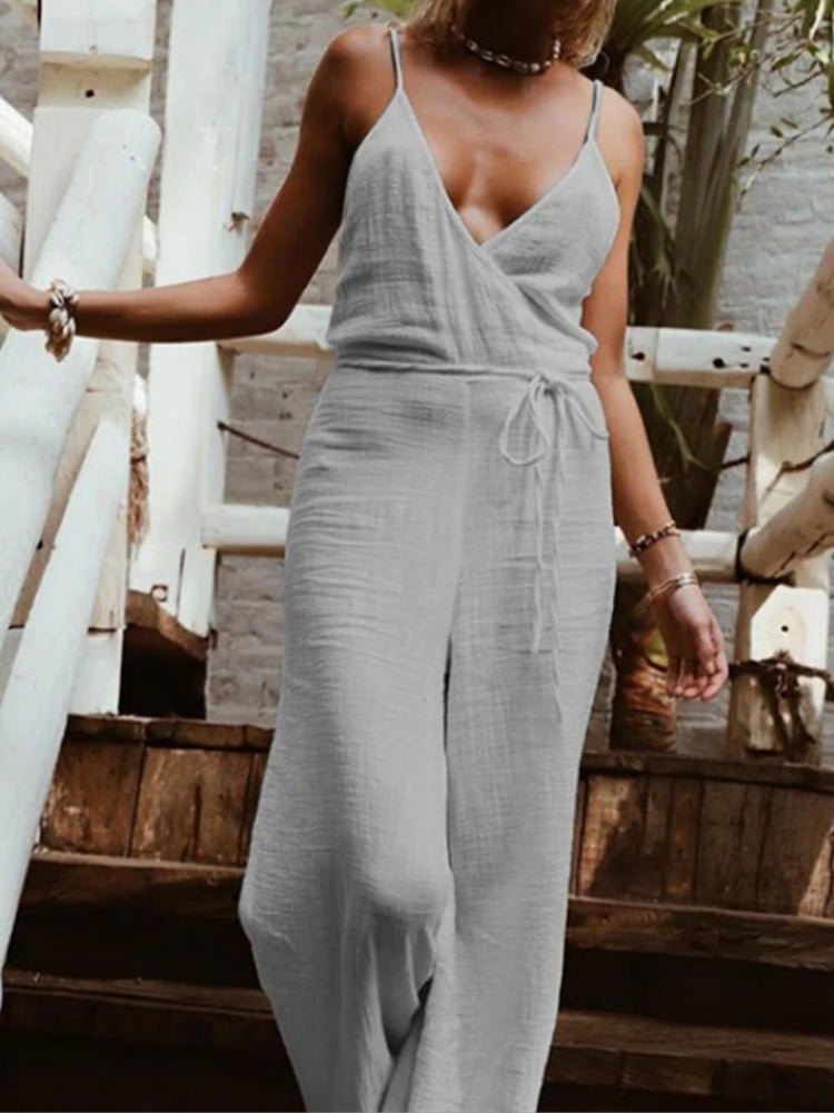 Women's Jumpsuits Sling V-Neck Belted Wide-Leg Jumpsuit - Jumpsuits - Instastyled | Online Fashion Free Shipping Clothing, Dresses, Tops, Shoes - 23/02/2022 - Bottoms - color-blue