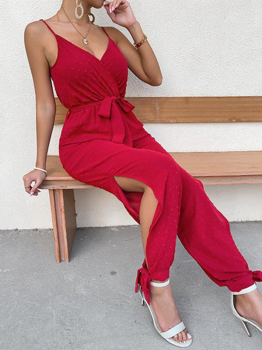 Women's Jumpsuits Sling V-Neck Tie Slit Sleeveless Jumpsuit - Jumpsuits - Instastyled | Online Fashion Free Shipping Clothing, Dresses, Tops, Shoes - 06/04/2022 - 30-40 - Bottoms