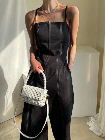 Women's Jumpsuits Sling Zip Pocket High Waist Wide Leg Jumpsuit - Jumpsuits - Instastyled | Online Fashion Free Shipping Clothing, Dresses, Tops, Shoes - 08/08/2022 - Bottoms - Color_Black