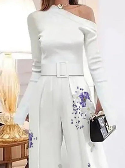 Women's Jumpsuits Sloping Shoulder Long Sleeve Wide Leg Jumpsuit - Jumpsuits - Instastyled | Online Fashion Free Shipping Clothing, Dresses, Tops, Shoes - 12/07/2022 - Bottoms - Color_White