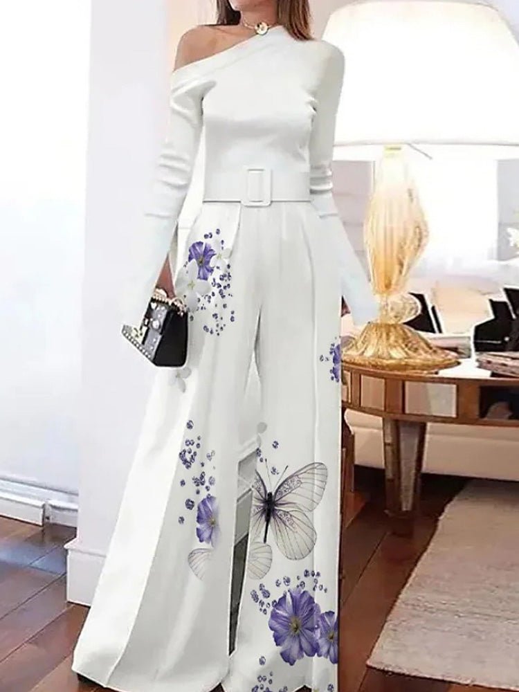 Women's Jumpsuits Sloping Shoulder Long Sleeve Wide Leg Jumpsuit - Jumpsuits - Instastyled | Online Fashion Free Shipping Clothing, Dresses, Tops, Shoes - 12/07/2022 - Bottoms - Color_White