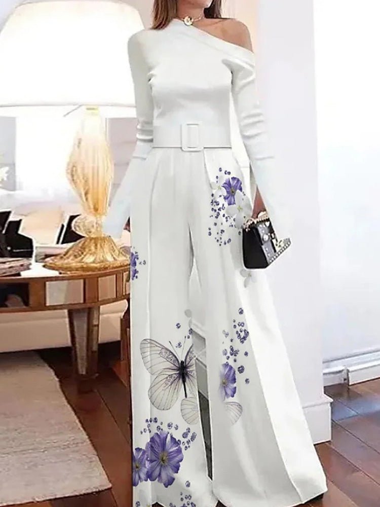 Women's Jumpsuits Sloping Shoulder Long Sleeve Wide Leg Jumpsuit - Jumpsuits - Instastyled | Online Fashion Free Shipping Clothing, Dresses, Tops, Shoes - 12/07/2022 - Bottoms - Color_White