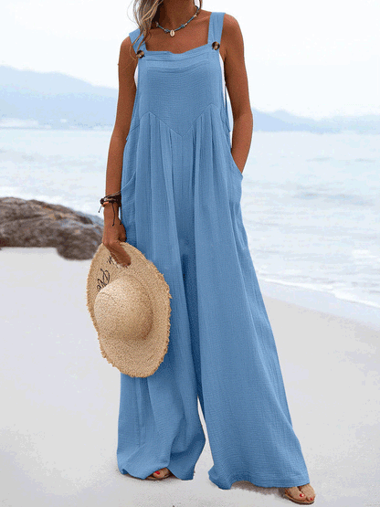 Jumpsuits - Solid Button Sling Pocket Wide-Leg Jumpsuit - MsDressly