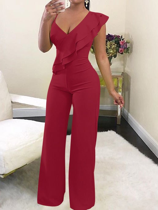 Women's Jumpsuits Solid Deep V-Neck Ruffle Jumpsuit - Jumpsuits & Rompers - Instastyled | Online Fashion Free Shipping Clothing, Dresses, Tops, Shoes - 29/12/2021 - 30-40 - Bottoms