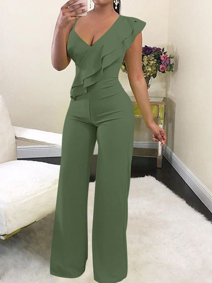 Women's Jumpsuits Solid Deep V-Neck Ruffle Jumpsuit - Jumpsuits & Rompers - Instastyled | Online Fashion Free Shipping Clothing, Dresses, Tops, Shoes - 29/12/2021 - 30-40 - Bottoms