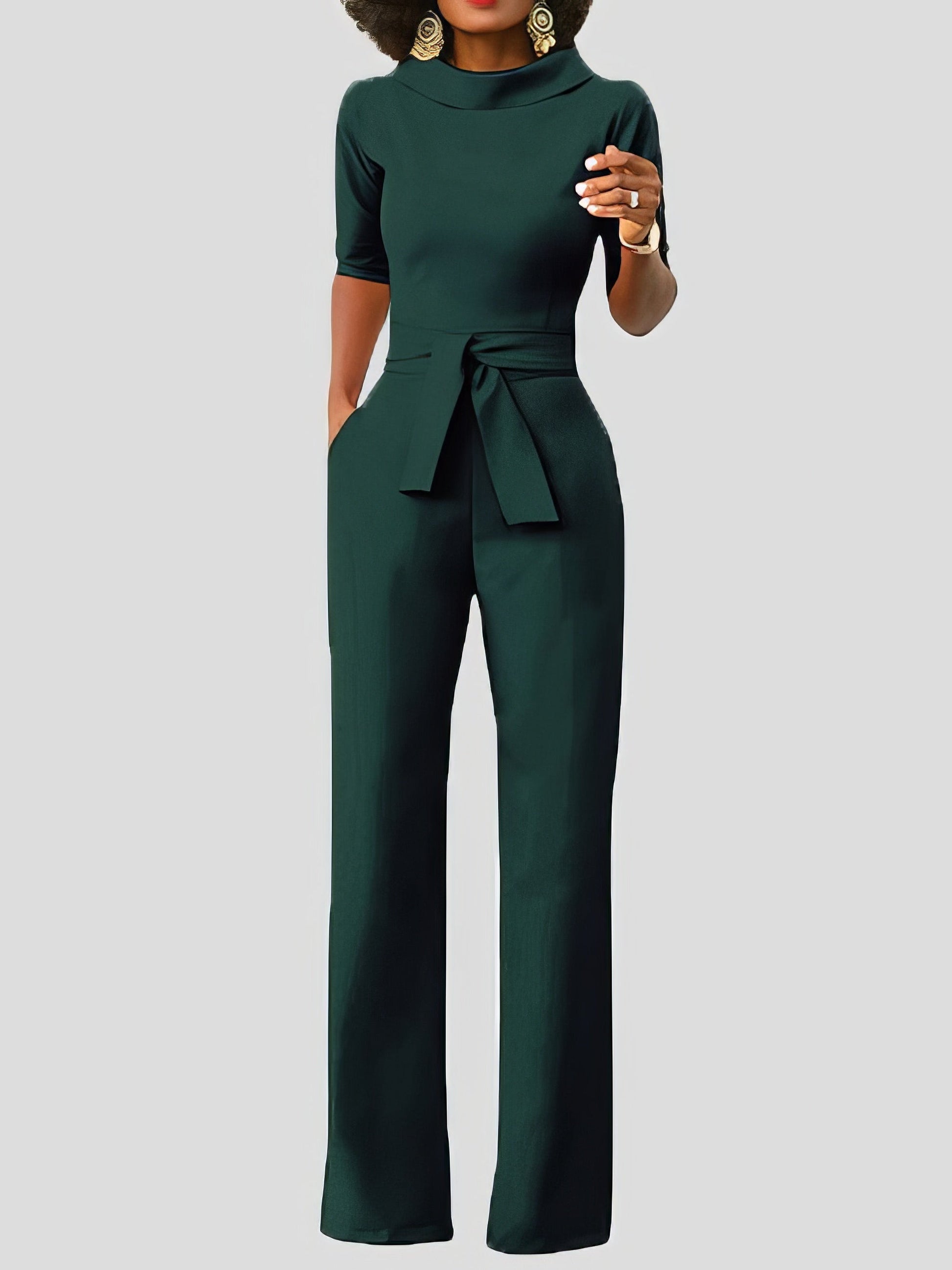 Jumpsuits - Solid Five-Point Sleeve Belted Wide-Leg Jumpsuit - MsDressly