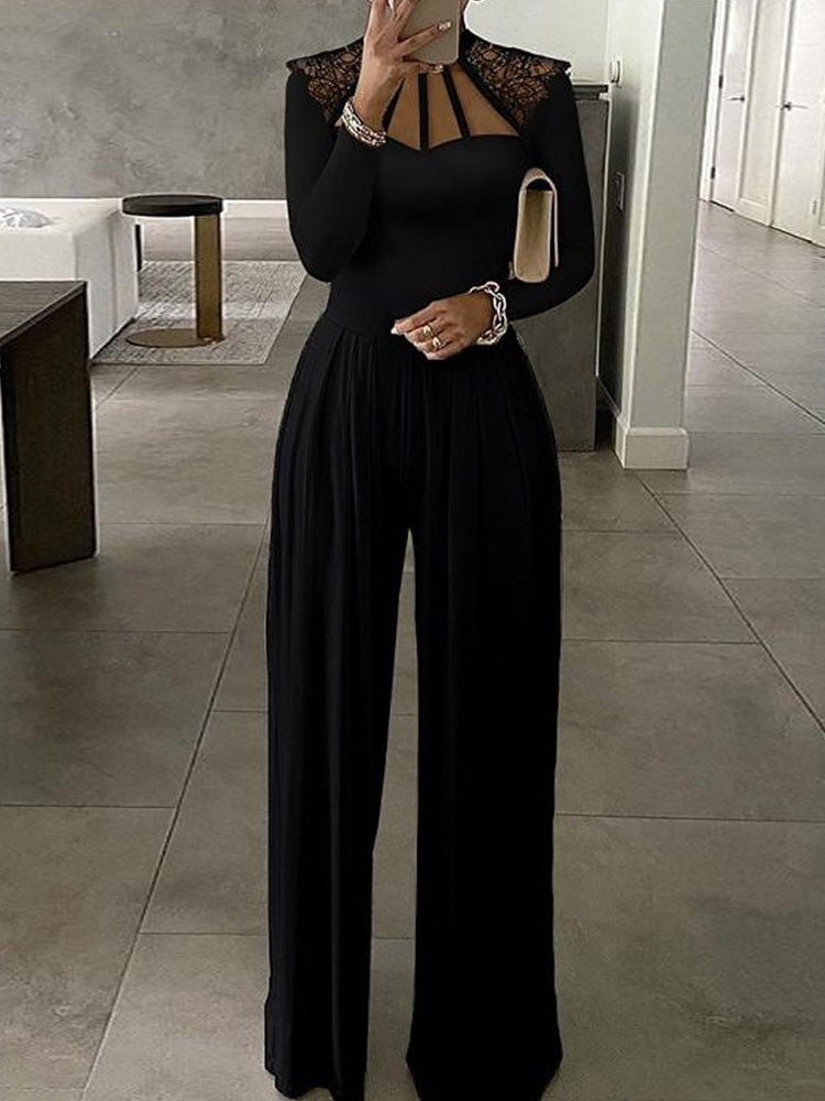 Women's Jumpsuits Solid Lace Panel Long Sleeve Wide Leg Jumpsuit - Jumpsuits - Instastyled | Online Fashion Free Shipping Clothing, Dresses, Tops, Shoes - 11/07/2022 - 40-50 - Bottoms