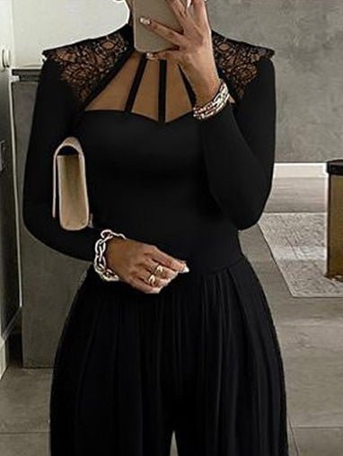 Women's Jumpsuits Solid Lace Panel Long Sleeve Wide Leg Jumpsuit - Jumpsuits - Instastyled | Online Fashion Free Shipping Clothing, Dresses, Tops, Shoes - 11/07/2022 - 40-50 - Bottoms