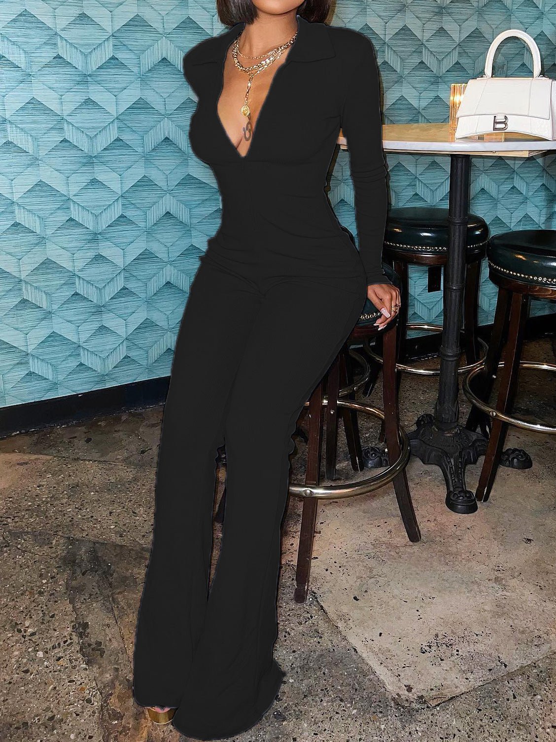 Women's Jumpsuits Solid Lapel Zip Long Sleeve Slim Fit Jumpsuit - Jumpsuits - Instastyled | Online Fashion Free Shipping Clothing, Dresses, Tops, Shoes - 12/08/2022 - Bottoms - Color_Black