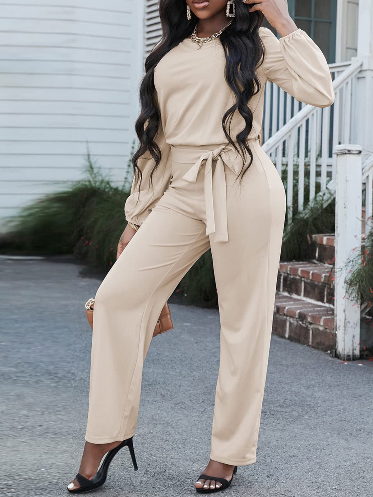 Women's Jumpsuits Solid Long Sleeve Belted Casual Jumpsuit - Jumpsuits - Instastyled | Online Fashion Free Shipping Clothing, Dresses, Tops, Shoes - 21/06/2022 - 30-40 - Bottoms