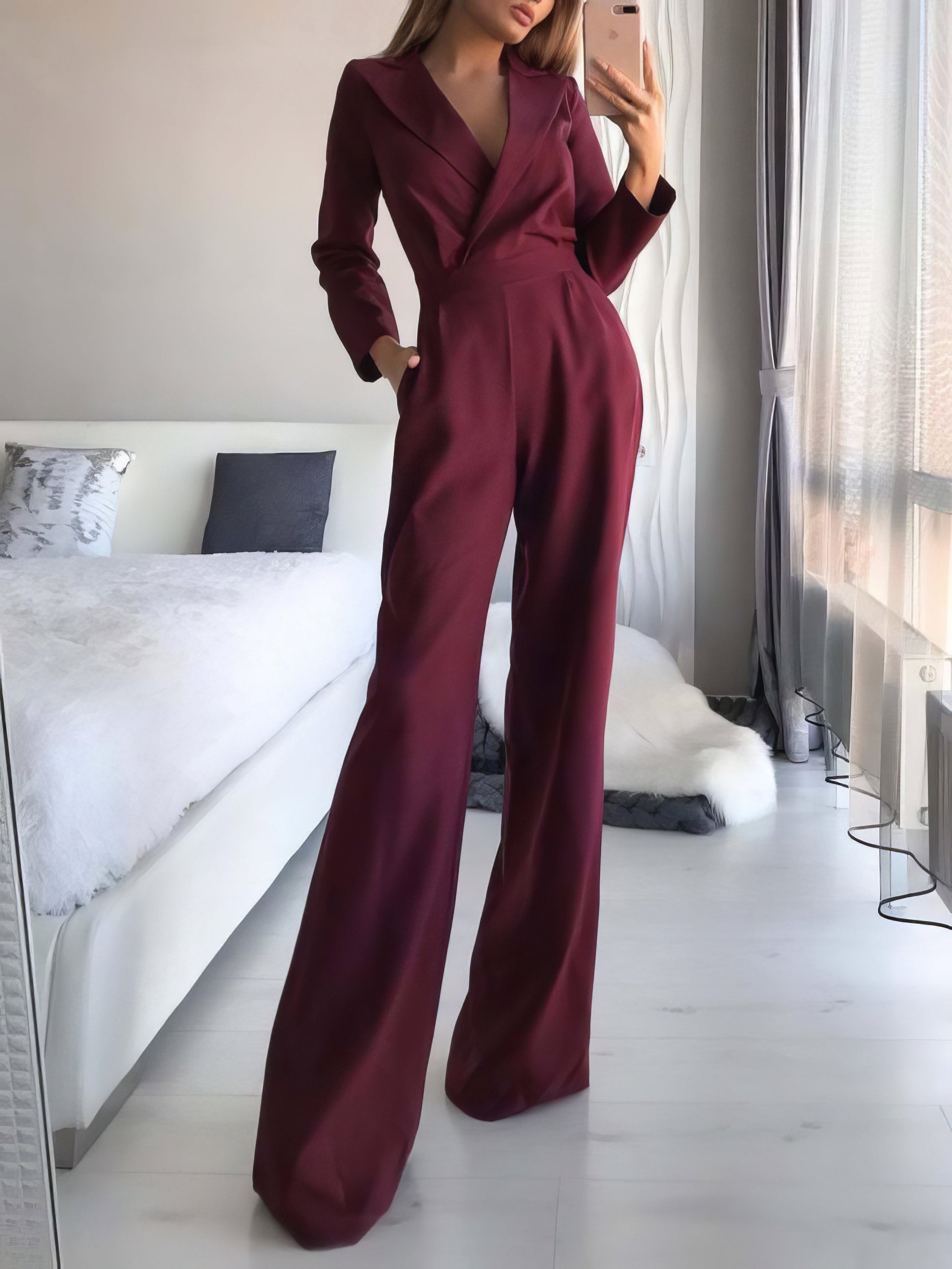 Jumpsuits - Solid Long Sleeve Slim Fit Jumpsuit - MsDressly