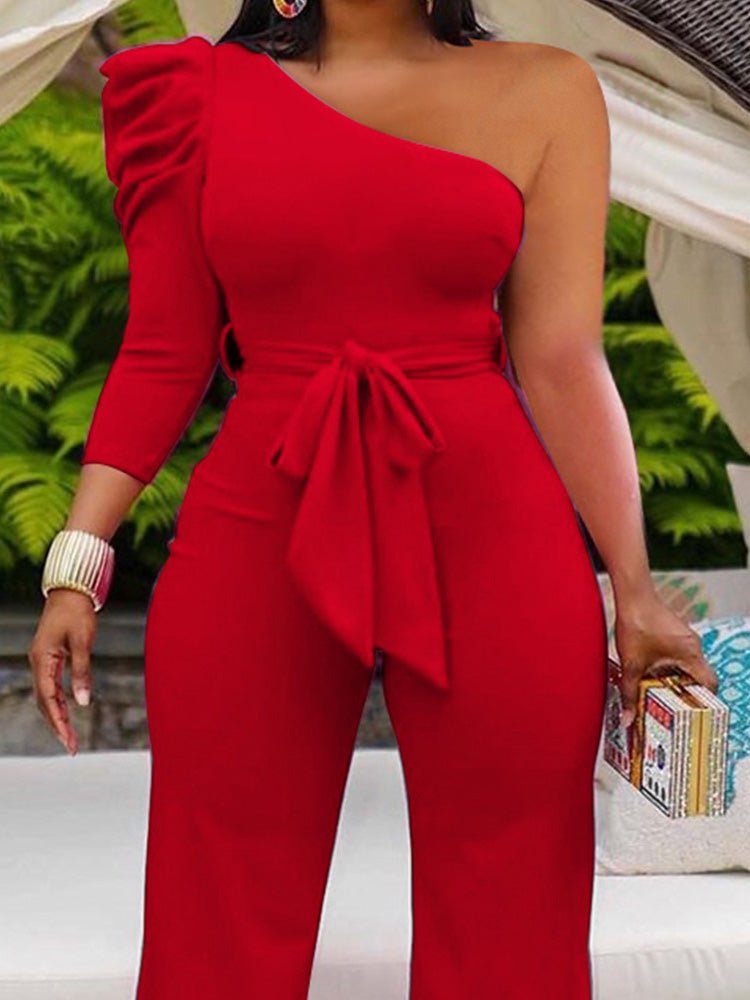 Women's Jumpsuits Solid One-Shoulder Lace-Up Slim Fit Jumpsuit - Jumpsuits - Instastyled | Online Fashion Free Shipping Clothing, Dresses, Tops, Shoes - 17/09/2022 - bottoms - color-red